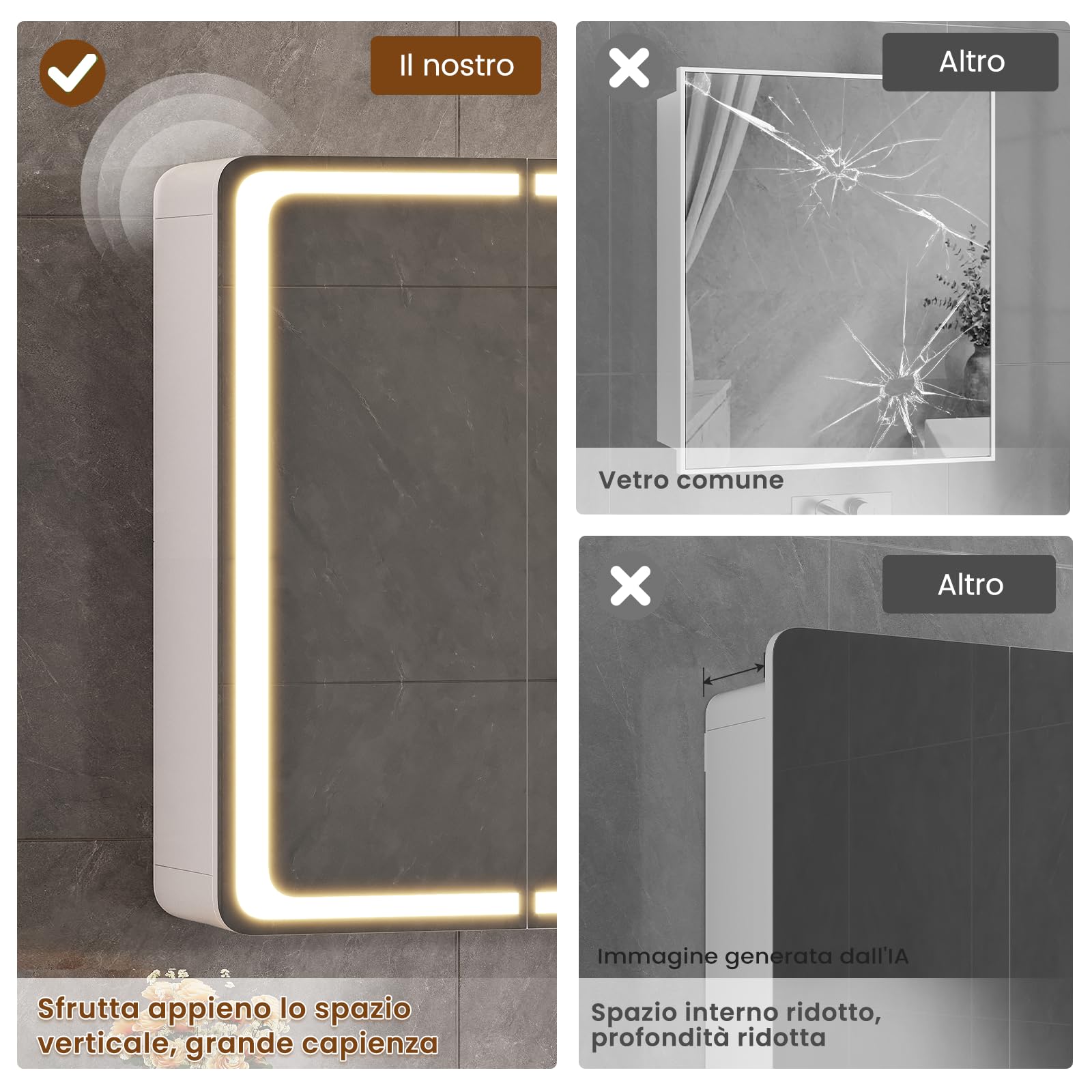 Specchio Bagno Contenitore 90x17x60 cm, Specchiera Bagno, Bianco | Illuminazione a LED a 3 colori, Ripiani Regolabili, Presa Elettrica, Specchio Grande HD Orientabile, Pulsante Touch, 3 Ante