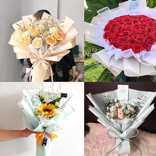 Miniatura 5 de XHKDSYMC 20 hojas de papel de regalo de flores blancas, 22.24 x 22.24 pulgadas, papel de regalo para ramo de flores, borde dorado, impermeable, con
