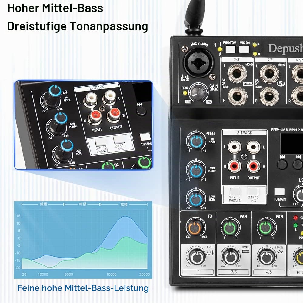 Depusheng GT6-M Audio-Mixer, 6-Kanal-Soundkonsole mit zwei drahtlosen Mikrofonen, Soundboard-Konsole Bluetooth-USB-DJ-Mixing für Karaoke-Party-Computer-Studio