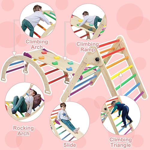 Miniatura 2 de EDOSTORY Juego de triángulos Pikler 5 en 1, parque infantil interior y gimnasio para niños, juego de escalada Montessori plegable de madera con