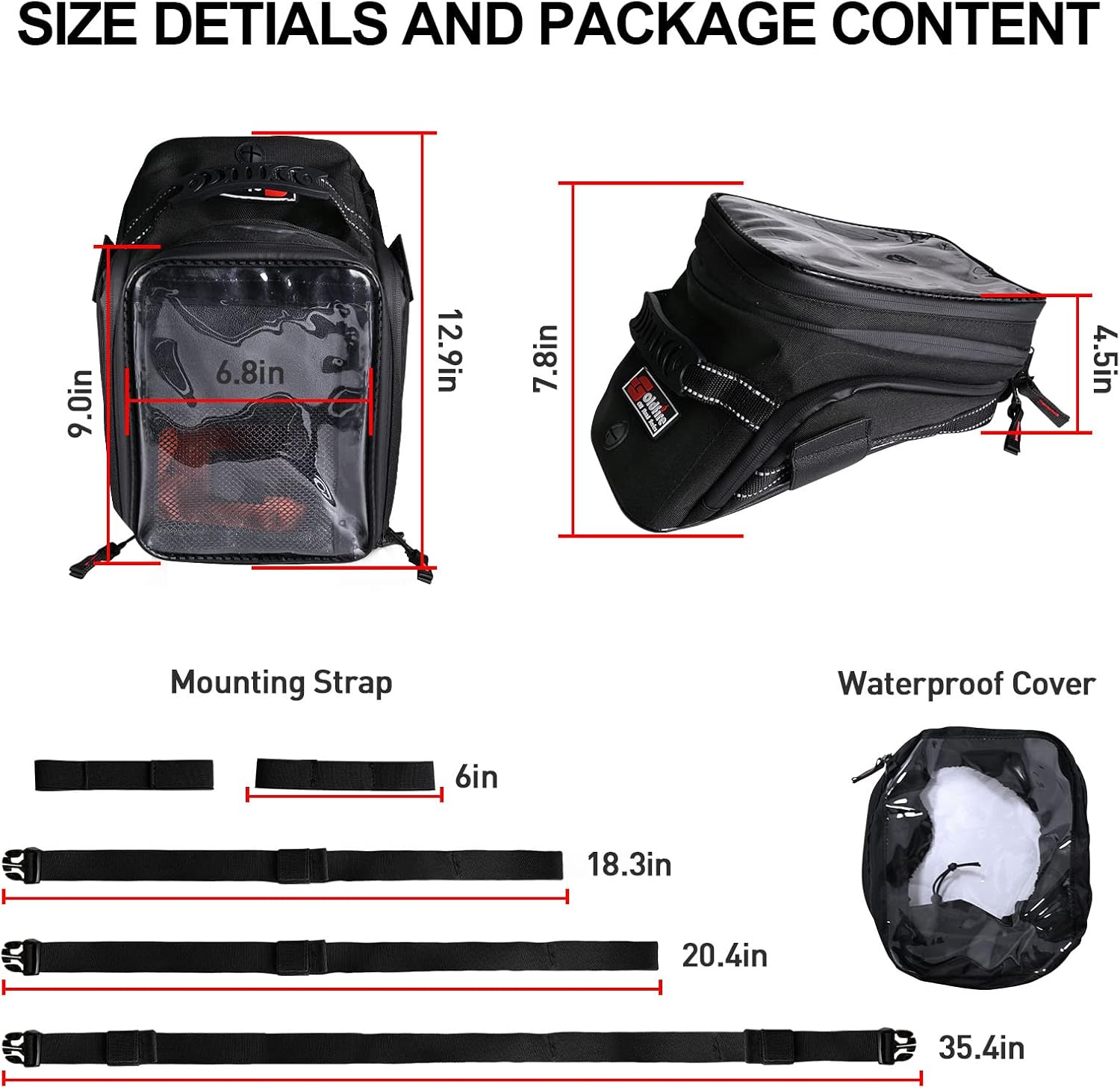Motorcycle Tank Bag w/Strap Storage Bag Compatible with Honda Yamaha Suzuki Kawasaki Harley Water Resistant (Orange Piping)