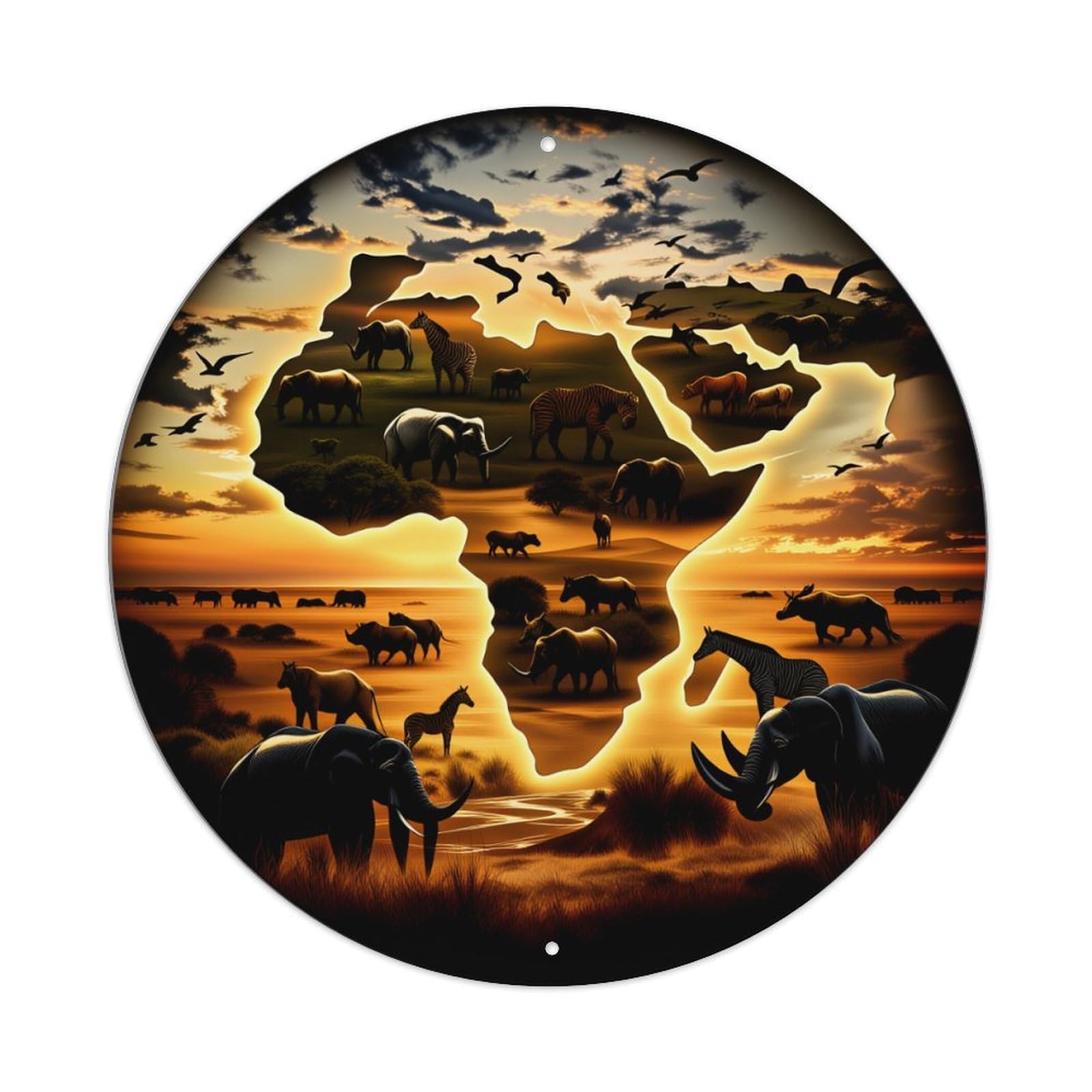 African Wildlife Sunset Silhouette Metal Tin Sign Plaque