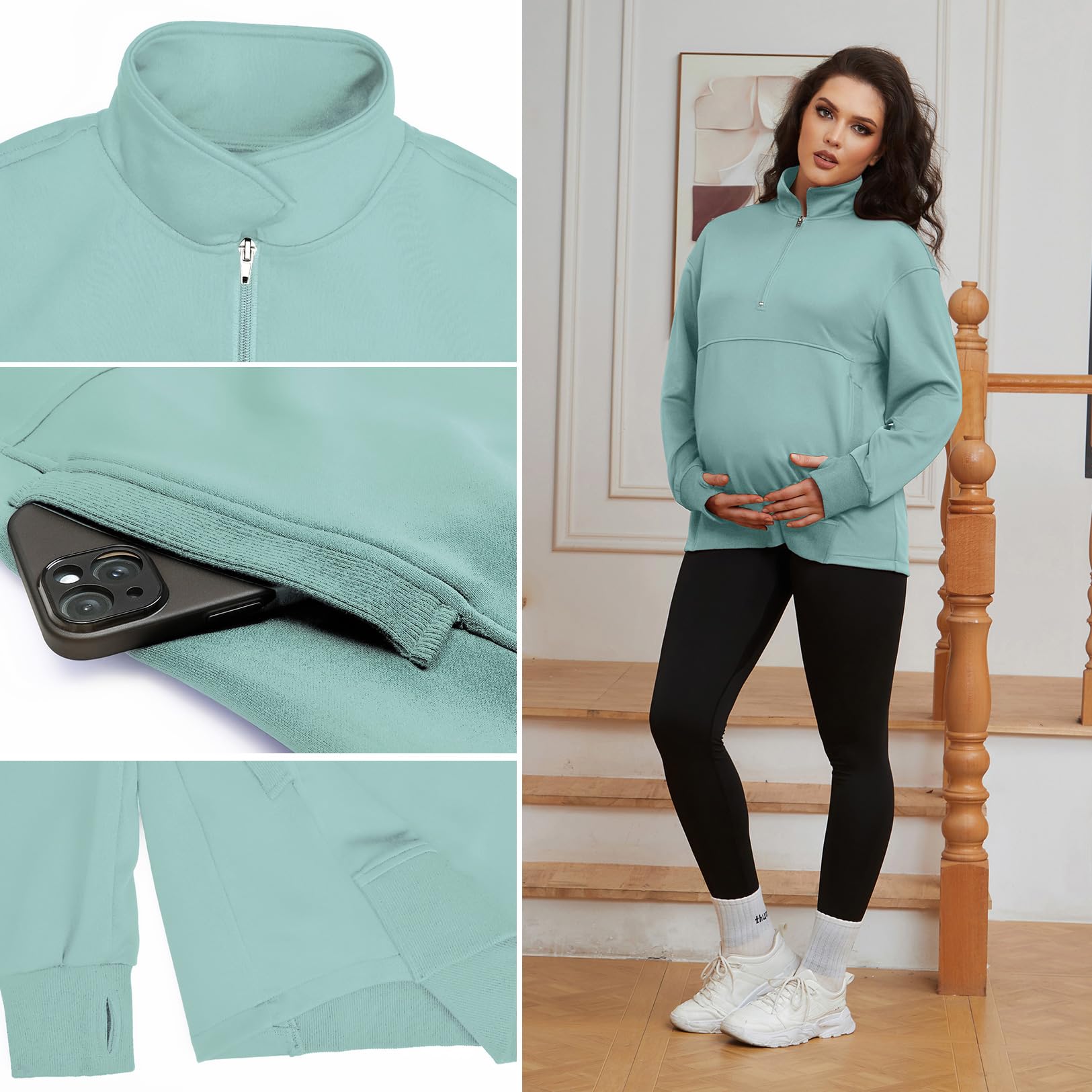 Bhome Umstands-Sweatshirt, halber Reißverschluss, aktives Umstandsshirt, langärmelig, mit Daumenlöchern und Taschen, Umstandspullover