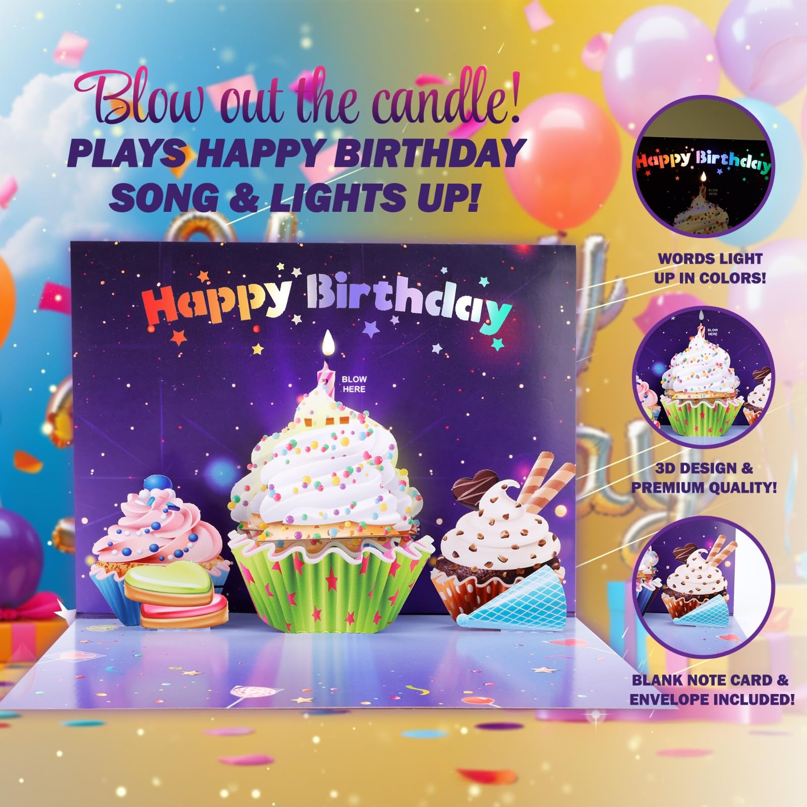 Tarjeta de feliz cumpleaños 3D emergente | Tarjetas de felicitación con luces musicales | Soplar la vela | Tarjeta desplegable de pastel de magdalenas | Reproduce una canción de feliz