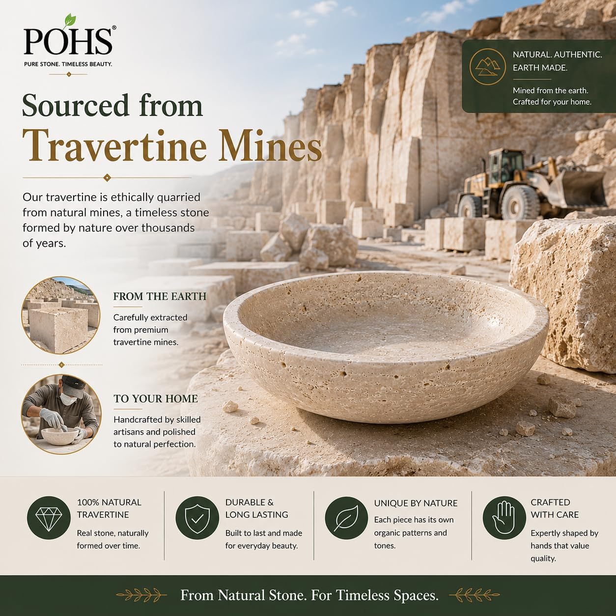 POHS Travertine Decorative Bowl – 7.8” Diameter x 2” Height – Entryway Key Bowl, Natural Stone Bowl, Coffee Table Decor, Organic Modern Centerpiece – Beige/Natural