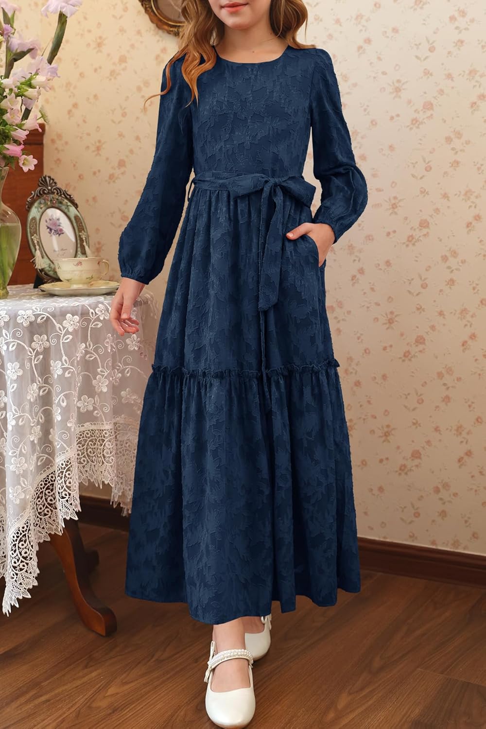 MITILLY Girls Long Sleeve Dress Elegant Floral Crew Neck Elastic Waist Formal Maxi Dresses with Belt 6-12 Years - Image 6