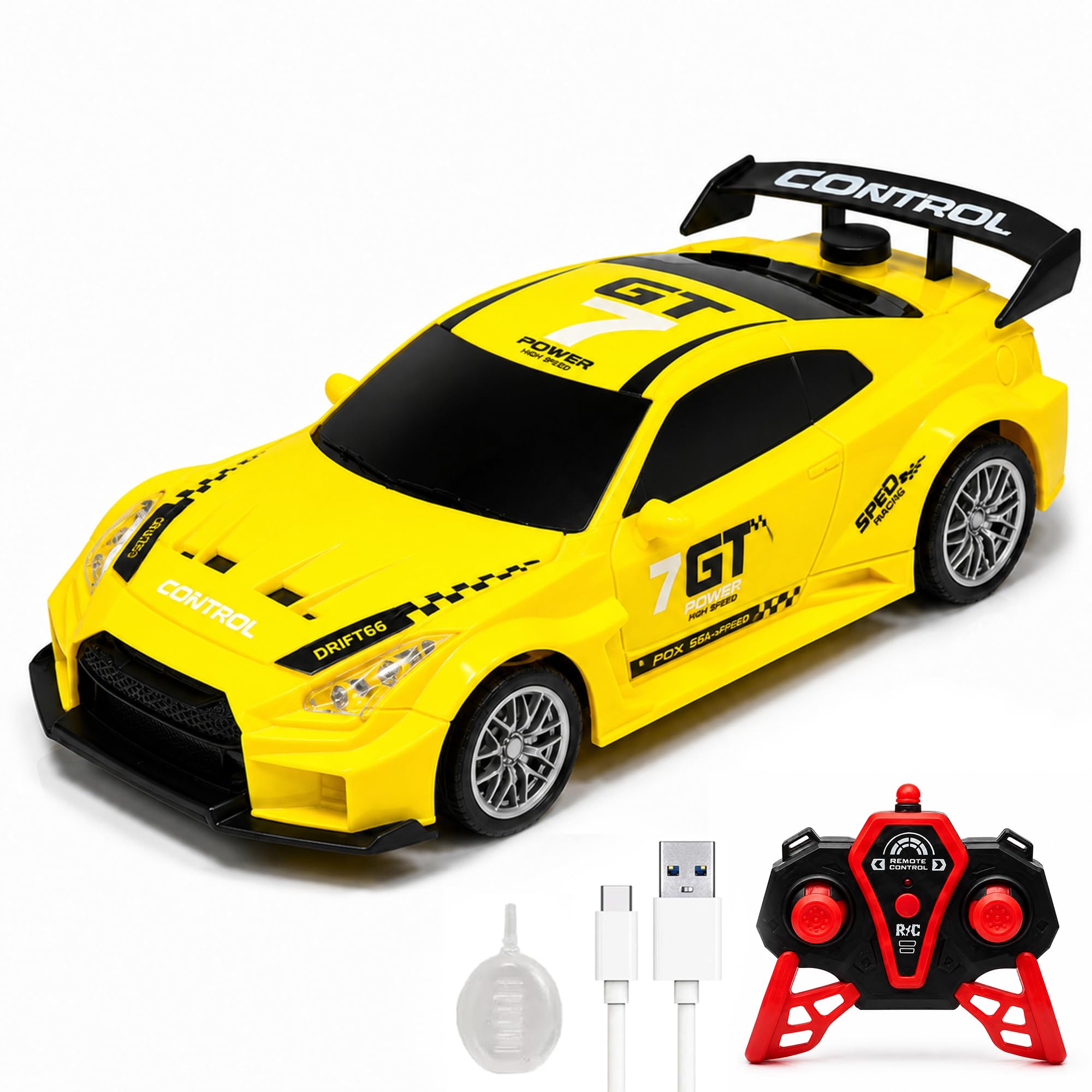 yellow remote control car toy | nissan gt | rechargeable remote control car | 2.4g remote control | tire replacement | high speed motor | 100m range | led light | birthday gift for kids