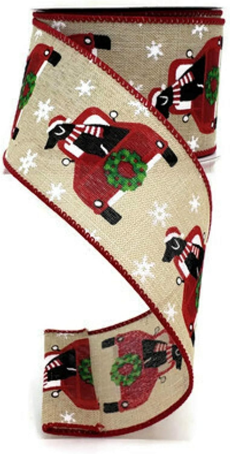 2.5" Red Farm Truck Ribbon: Dog (10 Yards) - Truck with Dog Christmas Wired Ribbon