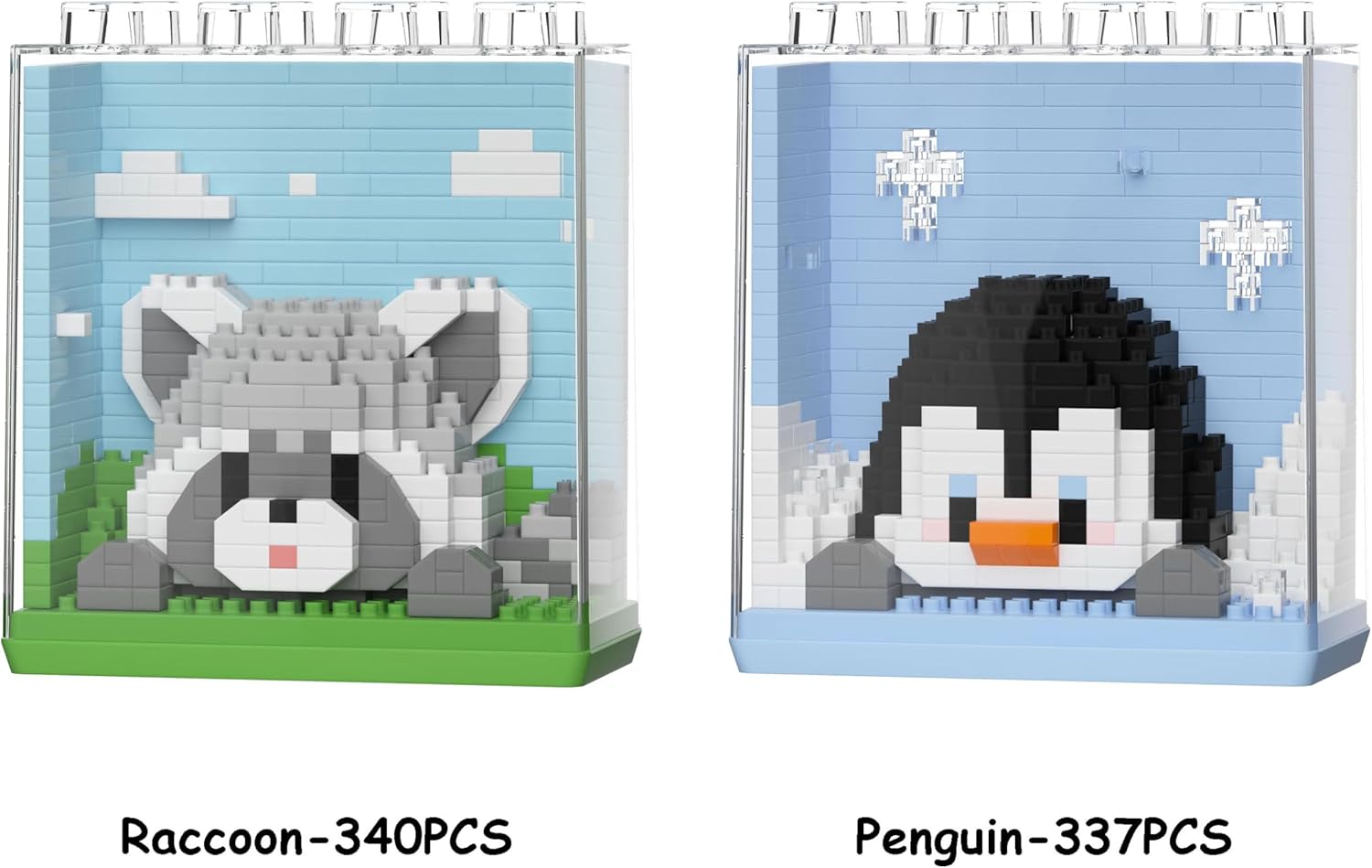 Assembled Raccoon and Penguin mini building block figures, each with their piece count (Raccoon-340PCS, Penguin-337PCS).