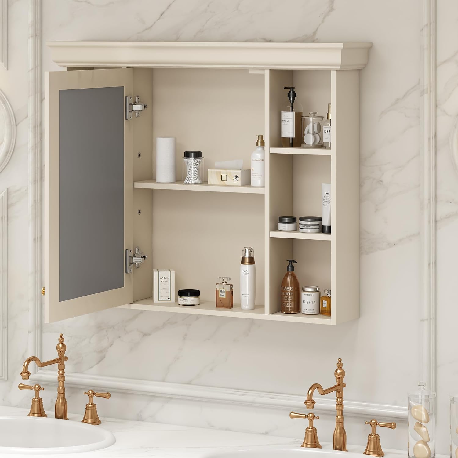 36" Sturdy Wall-Mounted Bathroom Storage, Bathroom Cabinet Organizer with 6 Open Shelves, Practical Bathroom Vanities with Mirror Door for Bathrooms, Beige+Cream