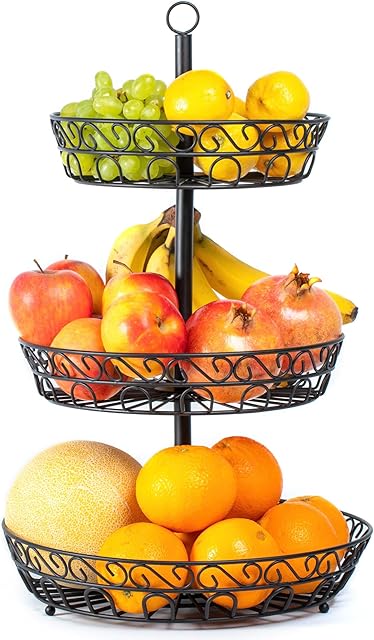 Chefarone 3 Tier Fruit Bowl - Countertop Metal Fruit Basket - Black Fruit Bowls Vintage Style (34 x 34 x 52 cm)