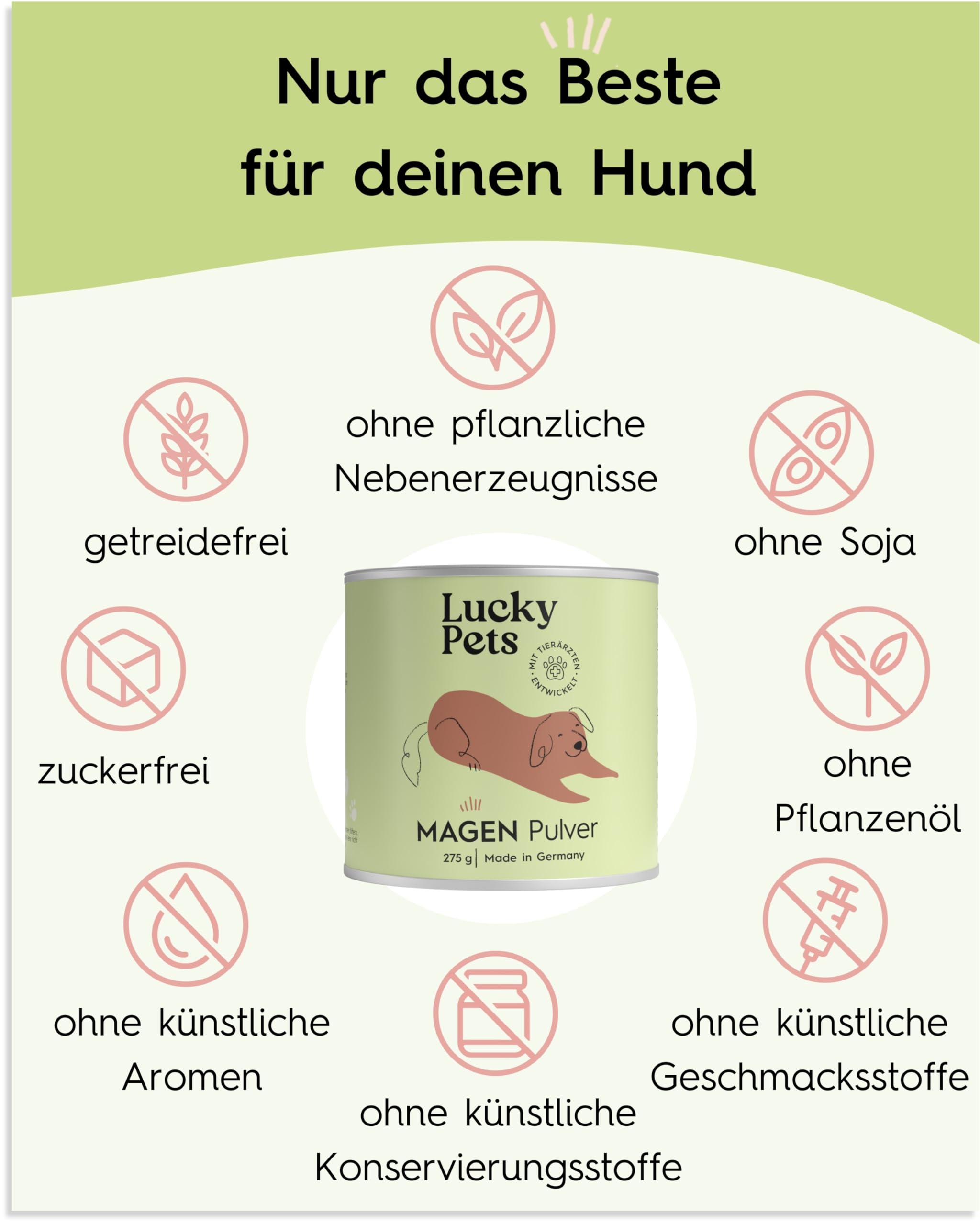 Lucky Pets Premium Magenpulver 275g – Ulmenrinde für Hunde – Ohne Aufkochen sofort verzehrfertig – Hund Darmflora aufbauen – Made in Germany – Slippery Elm Bark
