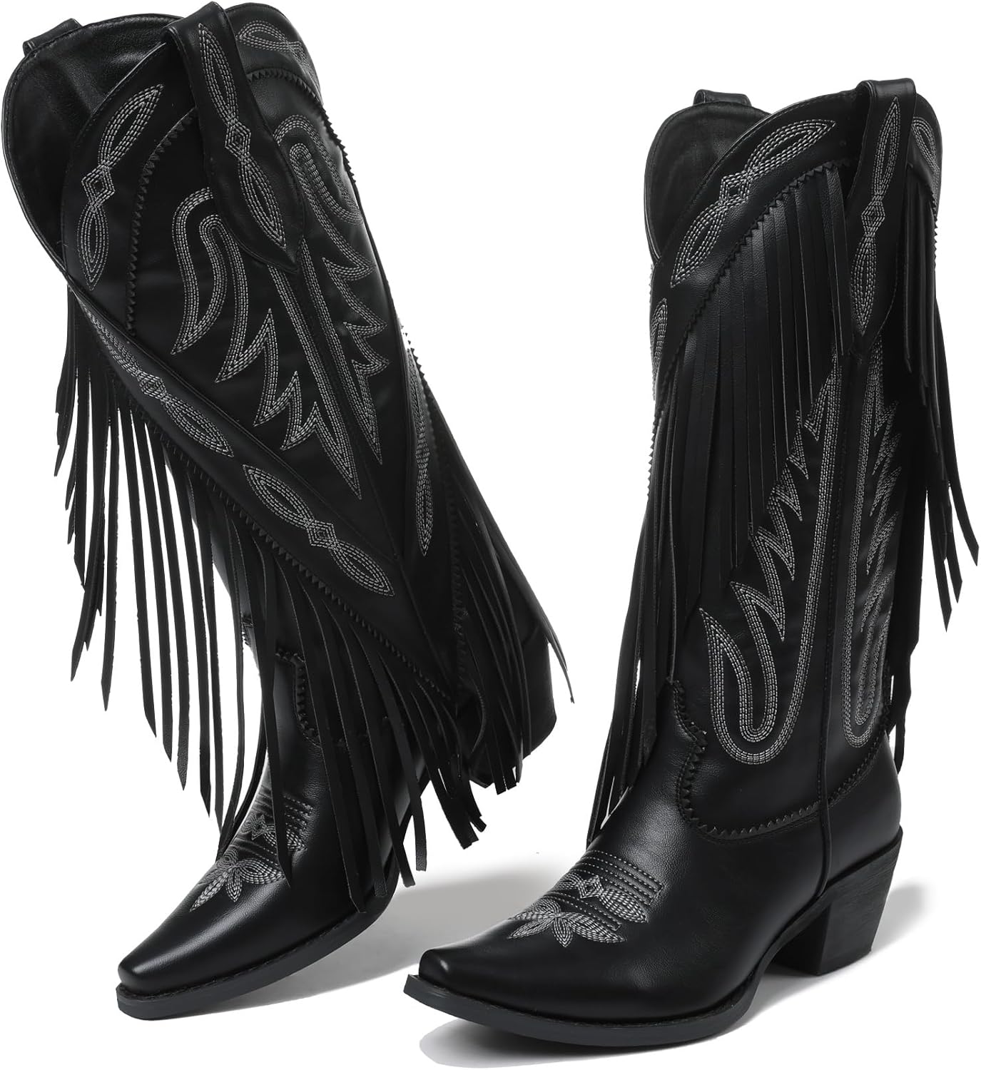 Cowgirl Boots for Women Retro Pointed Toe Pull On Block Chunky Heel Embroide Tassel Country Concert Outfits Mid Calf Western Fringe Cowboy Boots