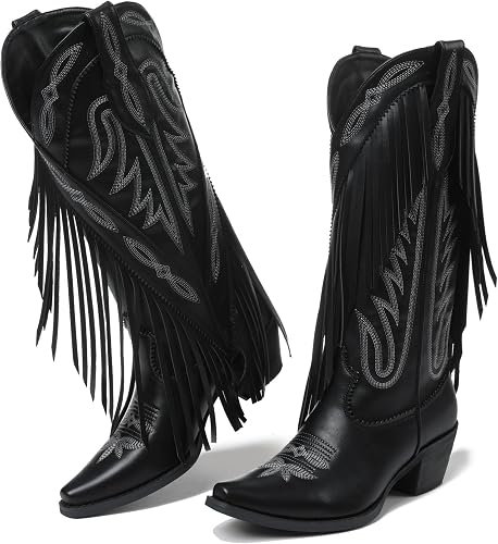 Cowboy Boots for Women Retro Square Toe Pull On Block Chunky Heel Embroide Tassel Country Concert Outfits Calf Western Cowgirl Boots, Pu./Black, 5.5 UK