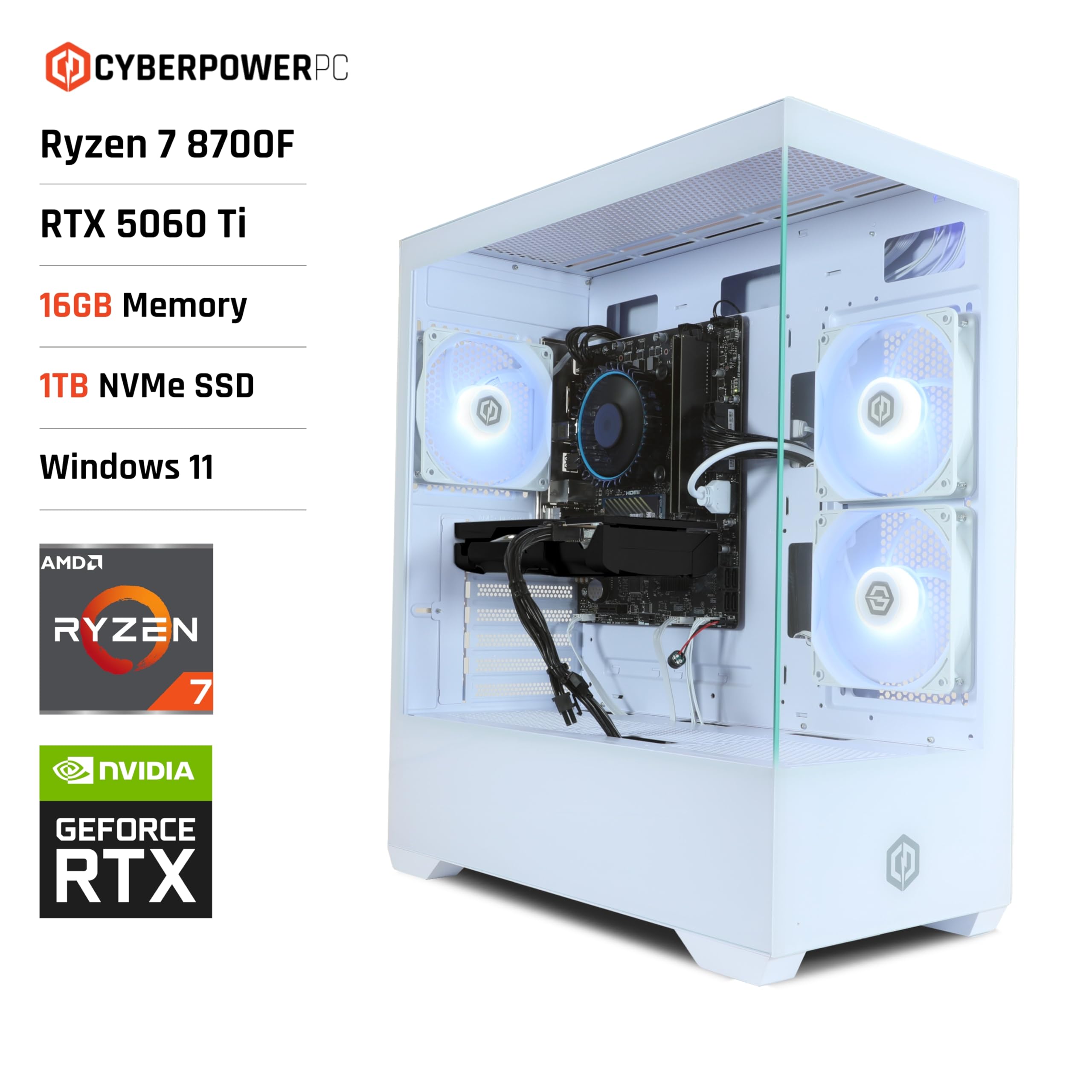 CyberPowerPC Wyvern Gaming PC - AMD Ryzen 7 8700F, Nvidia RTX 5060 Ti, 16GB RAM, 1TB NVMe SSD, 650W PSU, Wi-Fi, Windows 11, Prism Panoramic White