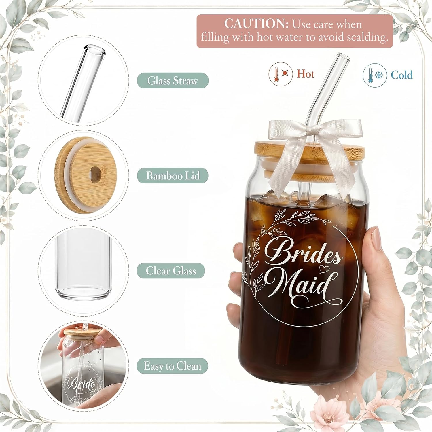 18 Pcs Bridesmaid Proposal Gifts Glass Cups with Lids Mint Green Cosmetic Makeup Bag Scrunchies for Women Maid of Honor Bridal Shower Wedding Bachelorette
