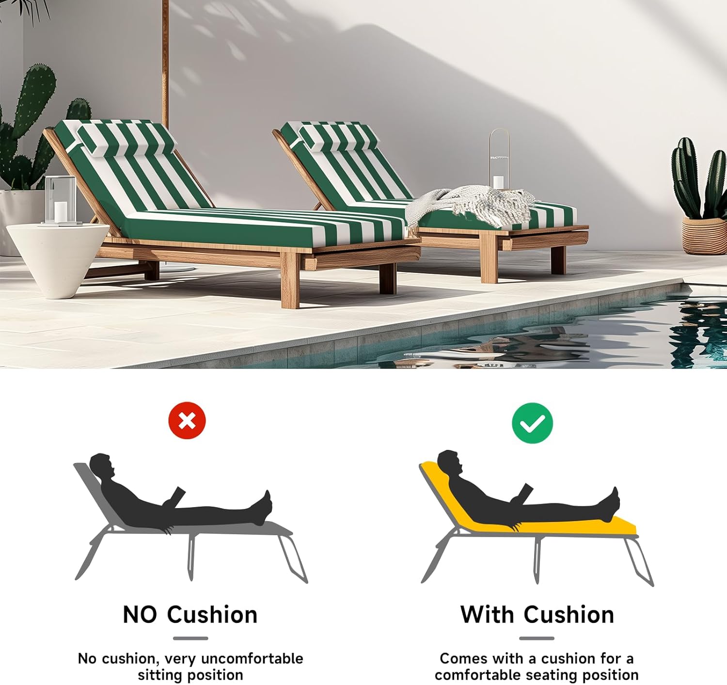 PNP FKJP Outdoor Patio Chaise Lounge Cushion with Headrest,with 100% Polyester，Comfortable and Stylish Patio Cushion “72 * 21” （Green White）