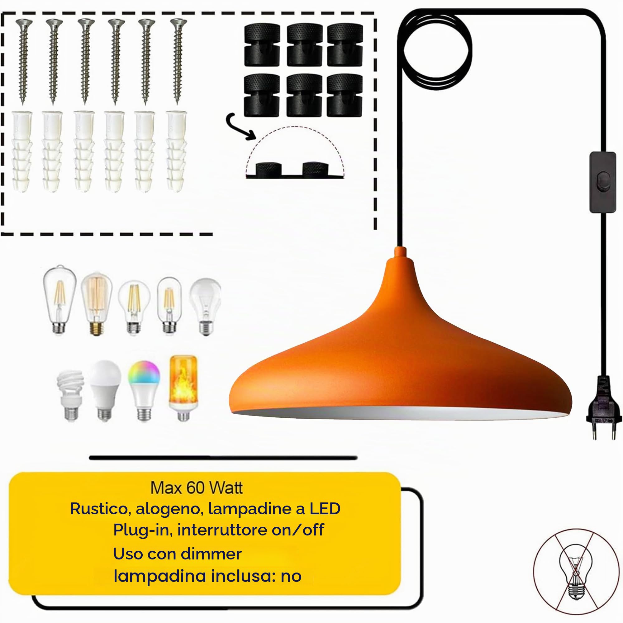 bamyum Lampadario a Sospensione con Spina, Lampadario Cucina 35 cm, Lampada da Soffitto con 450 cm Cavo, Lampadario a Sospensione, Lampada per Isola da Cucina in Metallo, Lampadario Arancione