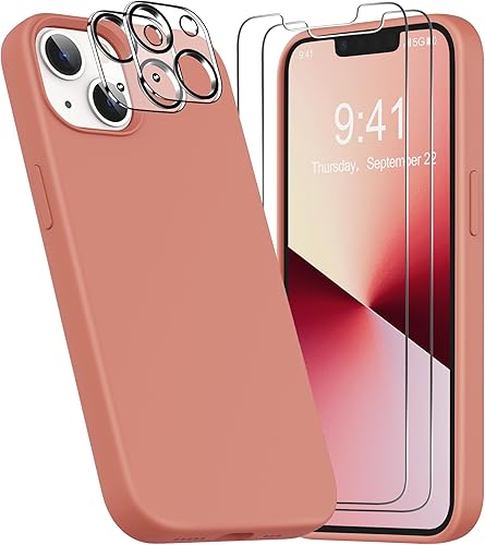 YATWIN Funda 5 en 1 diseñada para iPhone 13 con 2 protectores de pantalla + 2 protectores de lente de cámara, silicona líquida, delgada, de goma
