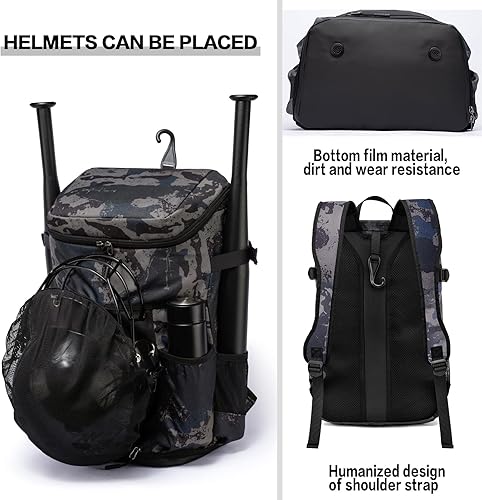 Vista 24 de TUGUAN Mochila de béisbol para adultos con soporte para bates de 2/4 y gancho para cerca, bolsa ligera de softbol para hombre con compartimento