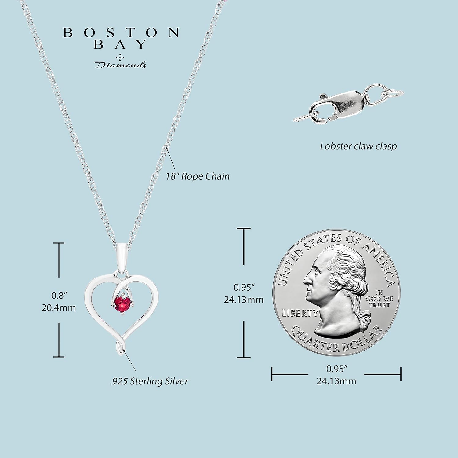 Boston Bay Diamonds 925 Sterling Silver Birthstone Gemstone Heart Pendant with 18" Rope Chain