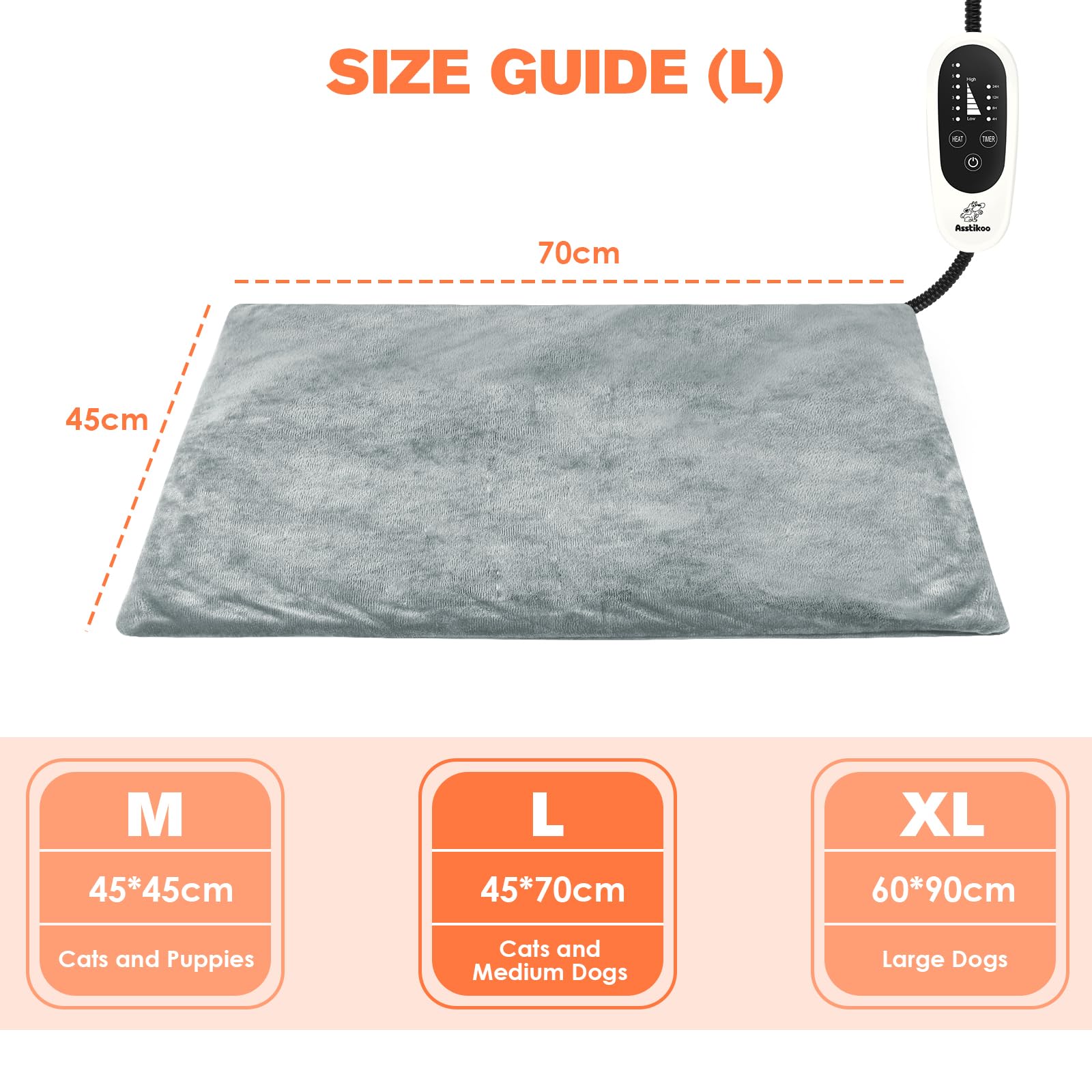 Manta térmica para Gatos y Perros, Almohadilla Eléctrica para Anti-mordida Ajustable Temporizador y Temperatrue con 4 temporizadores y 6 Niveles de Temperatura 30-55 ℃ (L- 70 * 45 cm)
