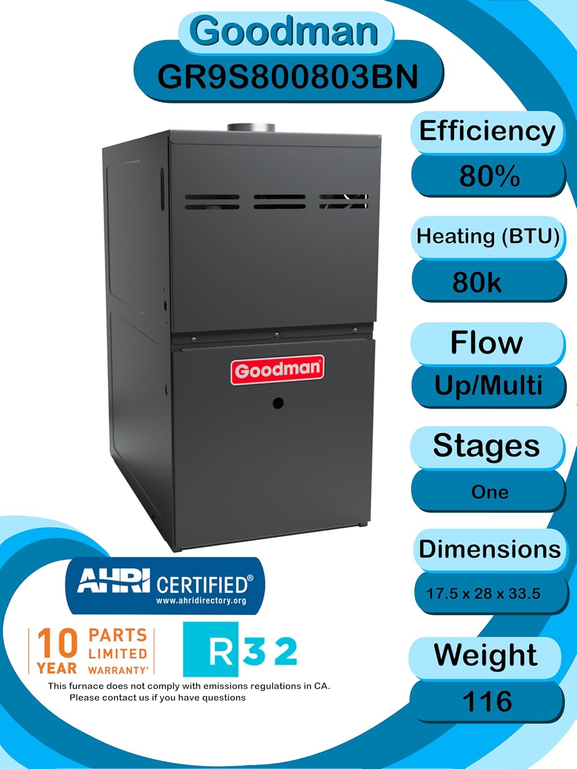 Goodman 2.5 ton 15.2 SEER2 Complete Split System with upflow coil and single stage 80% AFUE 80k BTU furnace with install accessories! (GLXS4BA3010 CAPTA3026B3 GR9S800803BN)