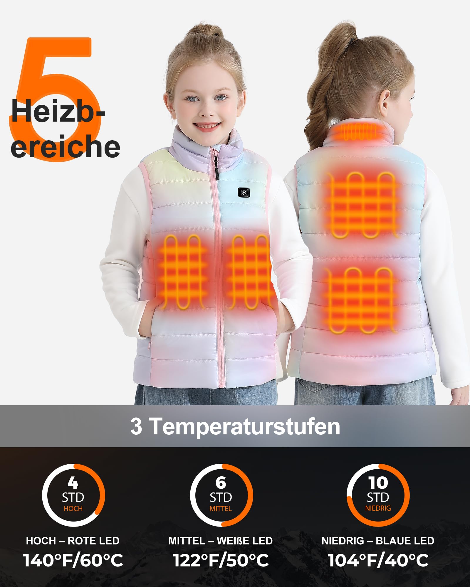 Unisex Beheizbare Weste Kinder mit Powerbank 12000mAh 7,4V, Leichte Heizweste Kinder mit 5 Heizzone, Elektrisch Heizweste Jungen und Mädchen für Outdoor