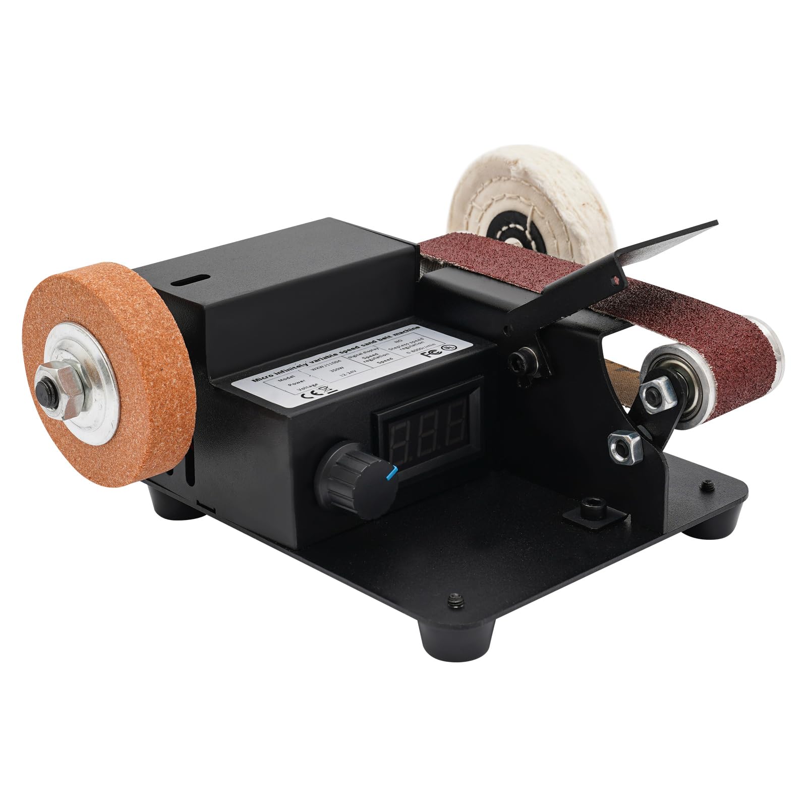 Elektrische Schleifbock, 350W 7-Stufig Einstellbarer Mini Bandschleifer, 0-10000R/min Bandschleifmaschine mit 10 Schleifbänder und LCD-Anzeige