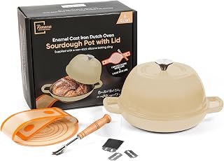 Enameled Cast Iron Dutch Oven Pot with Lid - Dutch Oven for Sourdough Bread Baking - With 5 Blade Bread Lame & Non-Stick Silicone Sling perfect for Sourdough Breads & more. Cast Iton Enamel Braiser Pan with Lid (WHITE, 6 Quart Sourdough Pot)