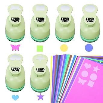 UCEC 6 Pcs Craft Paper Punch Set   6 Patterns & 30 Cardstock Sheets, 1 Inch | Craft Hole Punch Set with Assorted Shapes Circle, Heart, Star, Square, Butterfly & Lace Circle, for DIY, Card Making, Album