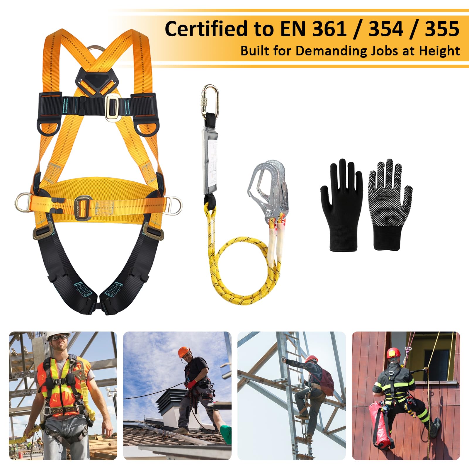 Imbracatura di sicurezza anticaduta con doppia fune e ganci, imbracatura corpo intero regolabile per uomo, edilizia, arrampicata, tetti, lavori esterni, carico max 100 kg, conforme EN 361/354/355