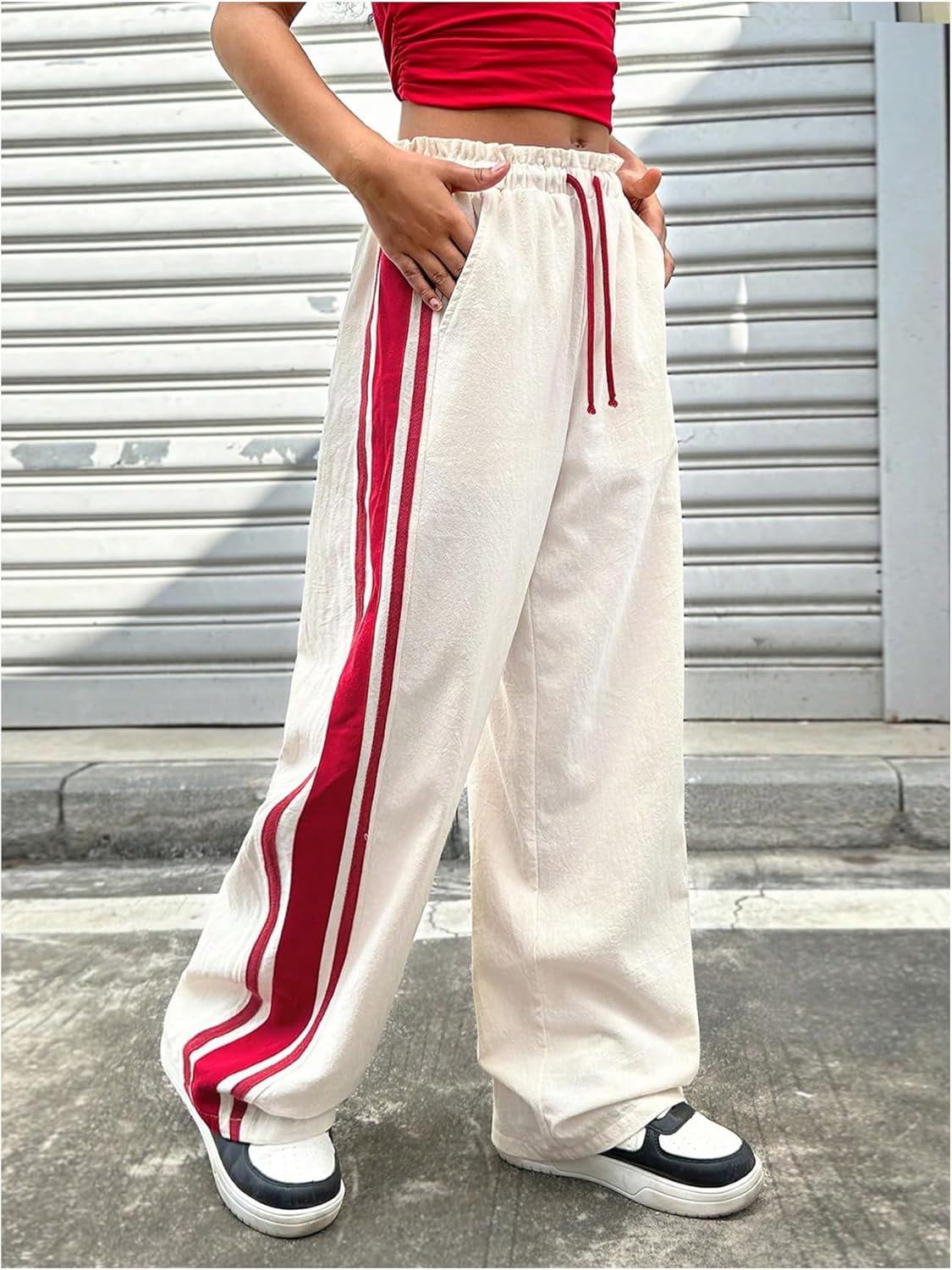 SHENHE Girl's Wide Leg Pants Drawstring Elastic Waist Side Striped Track Pants Baggy Trousers - Image 2