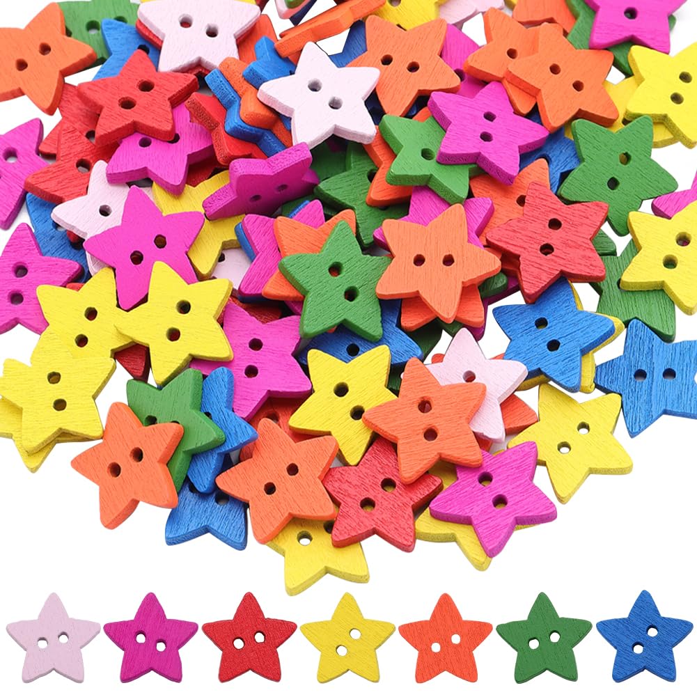 GORGECRAFT 200Pcs 7 Colors Wooden Star Buttons 18mm 2 Holes Sewing Scrapbooking Craft Embellishments Small Mini Colorful Dyed Pentagram Button Decoration for Crafting Knitting Clothes DIY Projects