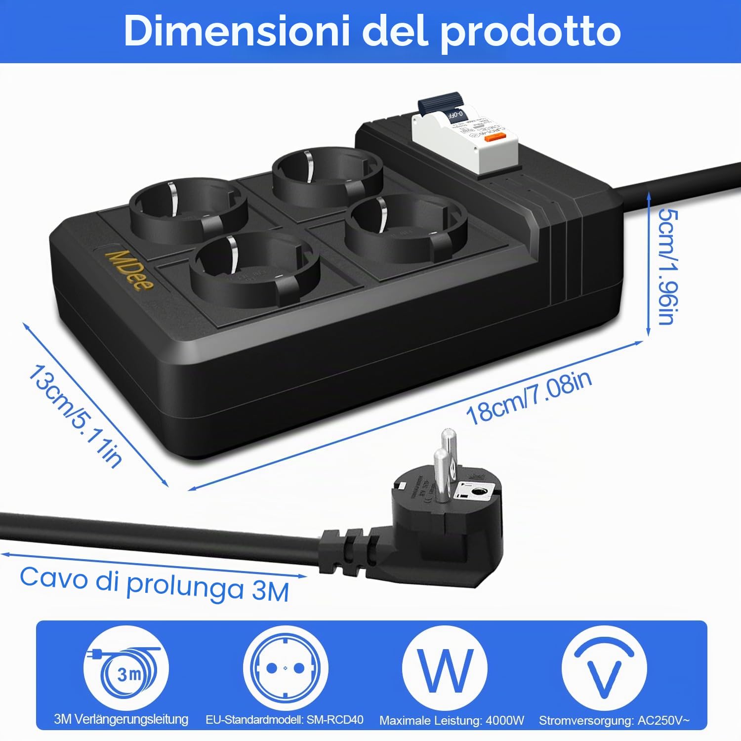 Ciabatta Multipresa RCD con Interruttore Salvavita Integrato, 4 Prese Ciabatta Elettrica, Cavo 3 Metri, 4000W 16 A con Protezione da Sovratensioni, per Elettrodomestici, Utensili, Ufficio (Nero)