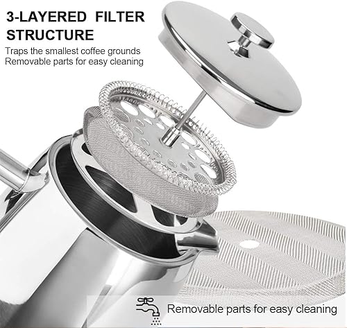 Miniatura 10 de Secura - Cafetera de prensa francesa de acero inoxidable 1810 con pantalla adicionales