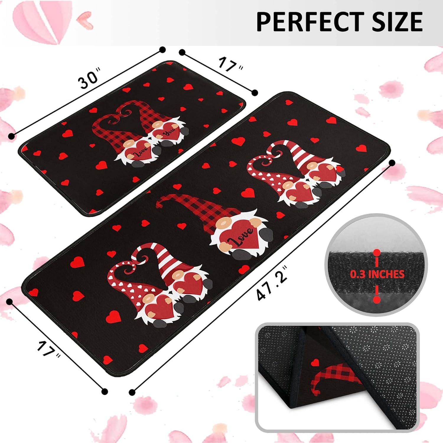 Valentine Kitchen Rug Set of 2 Kitchen Floor Mats Non-Slip Backing Valentines Day Gnomes Kitchen Mat Washable Seasonal Holiday Wedding Doormat Runner Rug 17"x47.2"+17"x30"