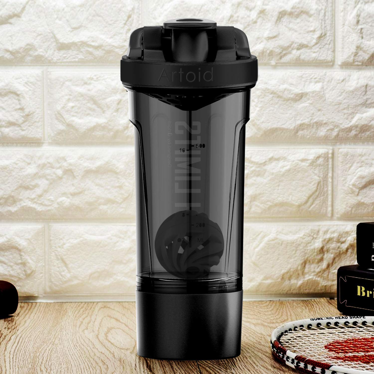 Artoid Mode Czarny Szary 720ml sportowa butelka do ćwiczeń fitness proteinowych z 200ml pudełkiem do przechowywania białek Twist and Lock, wolna od BPA