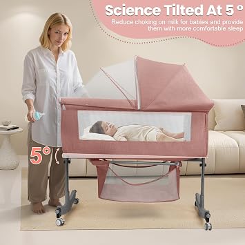 4 In 1 Baby Bassinet with Storage Basket, 6 Levels Height Adjustable Baby Crib with Mosquito Net, Convertible Cradle & Diaper Changing Station, Portable Bassinet withs Wheels Pink