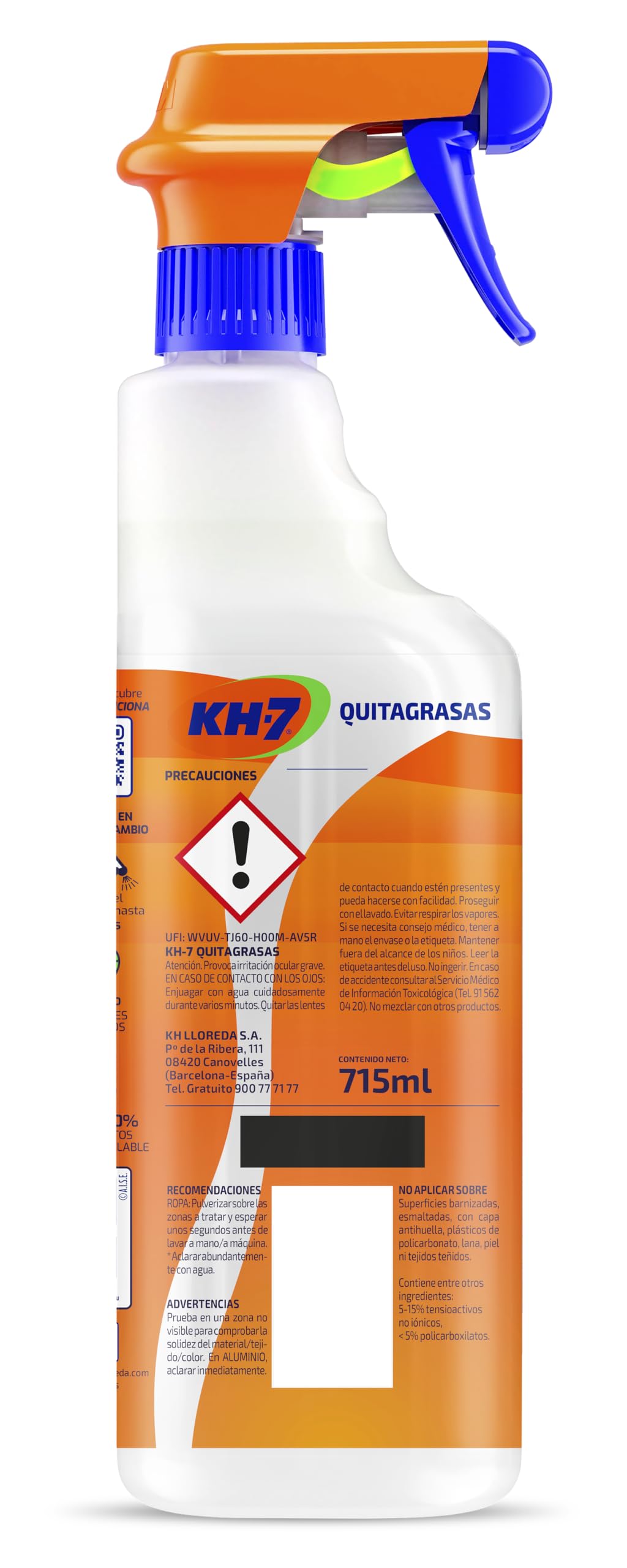 KH-7 Quitagrasas, Desengrasante | Elimina sin esfuerzo la Grasa y Suciedad | Aplícalo en la Cocina, Ropa, Exterior o Vehículos | Apto para todas las Superficies y Tejidos | Pulverizador 715ml.
