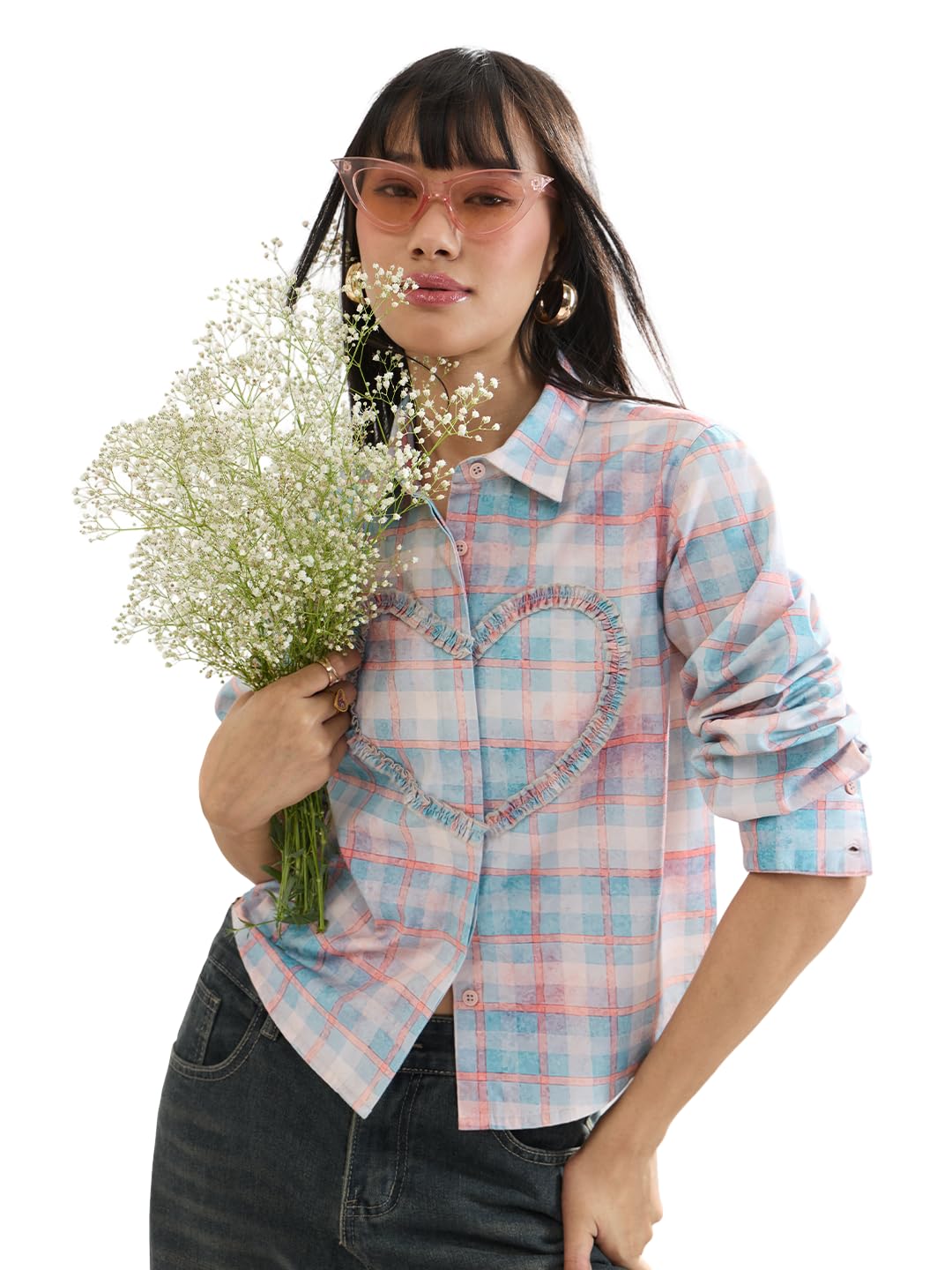 The Souled Store Camisa a cuadros: palisandro para mujeres y niñas, manga completa, cuello extendido, algodón, ajuste regular, camisa ligera