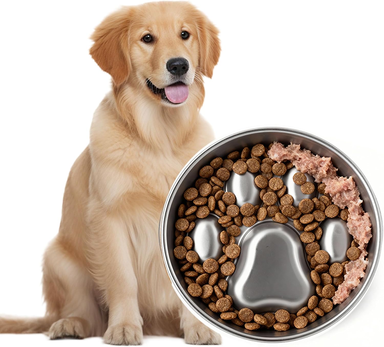 PawsPik 18/8 Stainless Steel Four-Ridge Slow Feeder Dog Bowl