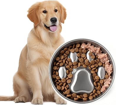 PawsPik Stainless Steel Slow Feeder Dog Bowl 4 Cup Capacity, 18/8 Food-Grade Metal, Anti-Slip Silicone Base, Four-Ridge Design for Slow Eating & Improved Digestion