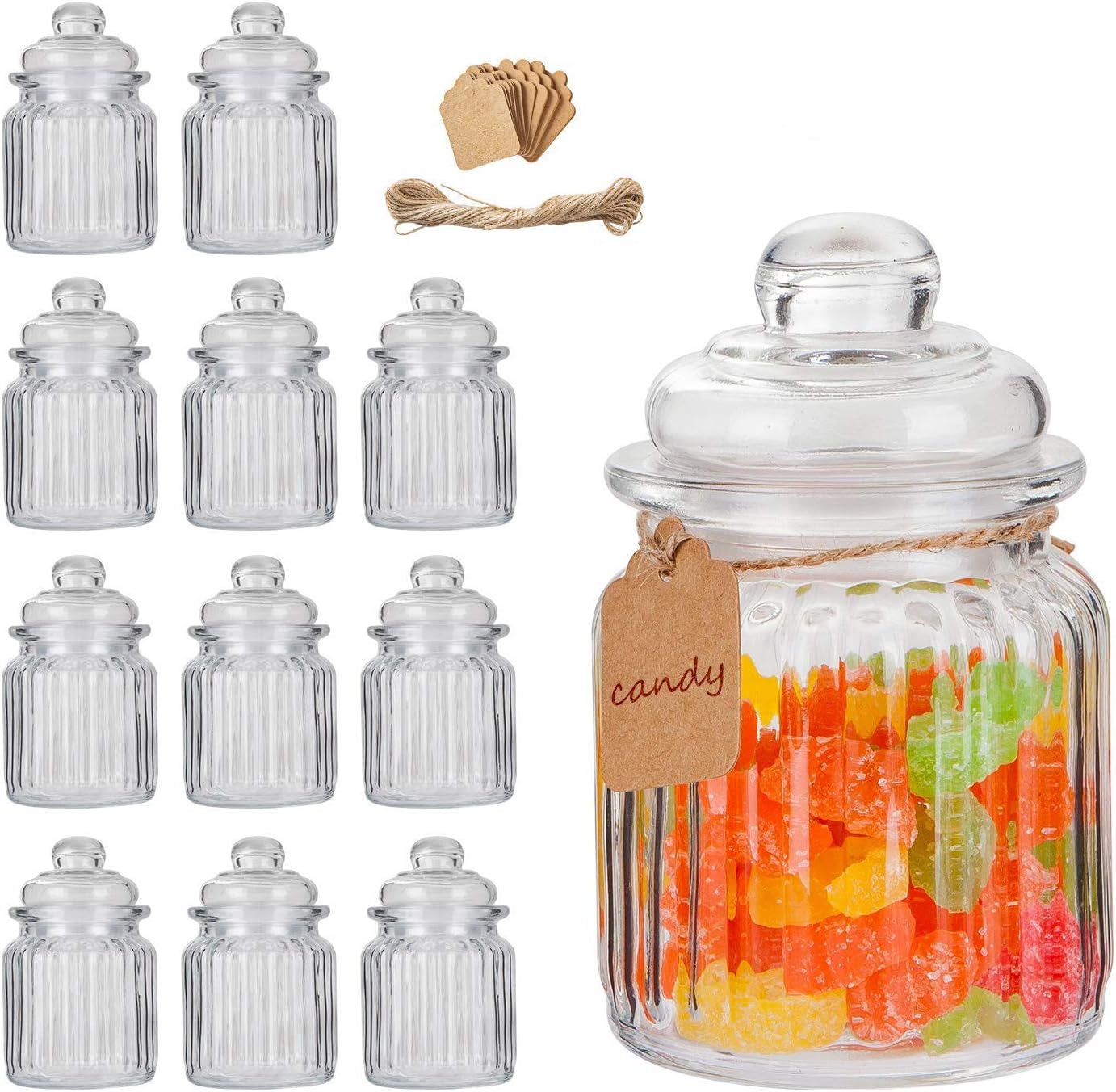 Glass Jars ,Flrolove Set of 12 with Lids 8 oz ,Yogurt Jars Glass Pudding Jars with Clear Preserving Seal Wire&Tag and hemp rope, Glass Kitchen Storage Canister Mason Jars for Jam, Honey, Spices
