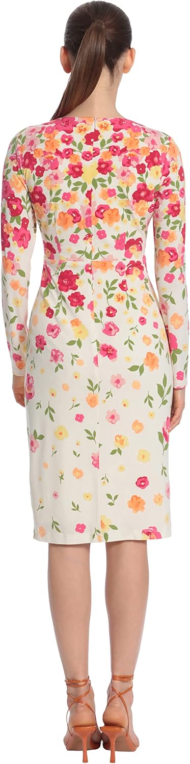 Maggy London Women's Floral Printed V-Neck Surplus Bodice Empire Waist Sheath Dress