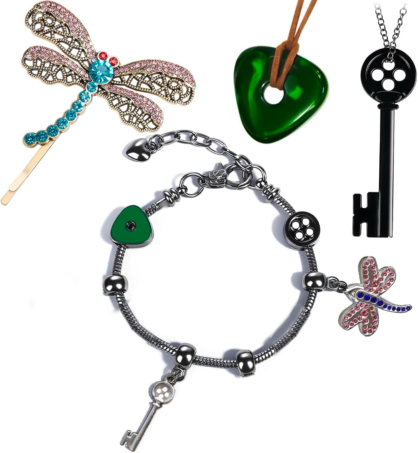 Cosplay Jewelry & Accessory Set – Charm Bracelet with Keys & Pendants, Green Stone Necklace, Button Key Pendant & Dragonfly Hair Clip – Halloween, Party & Gift