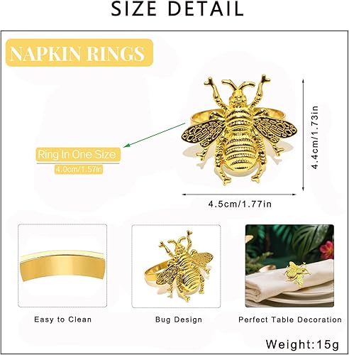 Miniatura 7 de Juego de 6 servilleteros con diseño de abeja dorada para bodas, jardín, fiestas, decoración de mesa de granja