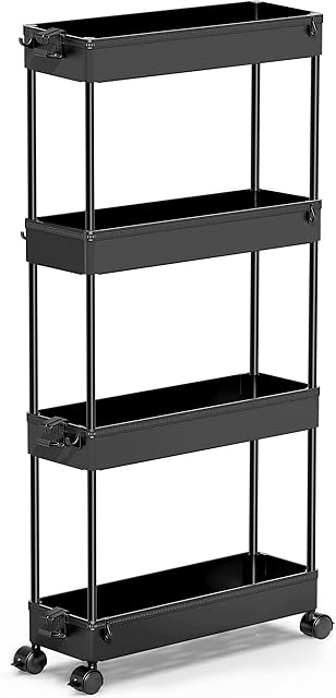 SPACEKEEPER Storage Trolley 4-Tier Slide Out Storage Cart Rolling Utility Cart Storage Shelf Rack on Wheels Trolley Organizer for Office, Kitchen, Bedroom, Bathroom, Laundry Room & Dressers, Black
