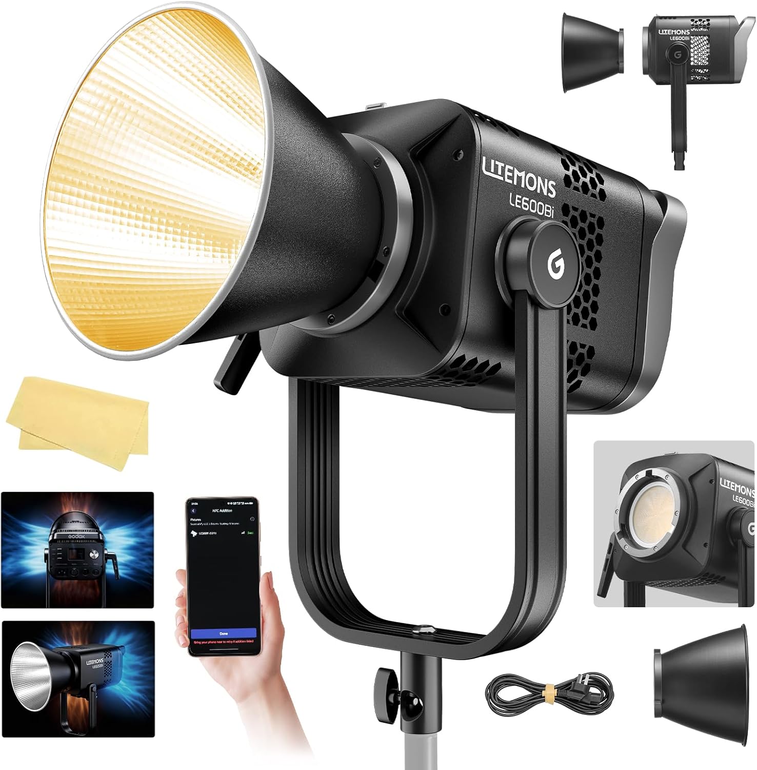 Godox Litemons LE600Bi 610W Bi Color COB LED Video Light, Professional Bowens Mount Studio Continuous Video Light CRI/TLCI 98+ 113000 Lux@1m APP DMX Control Ultra Quiet for Video Recording（Black）
