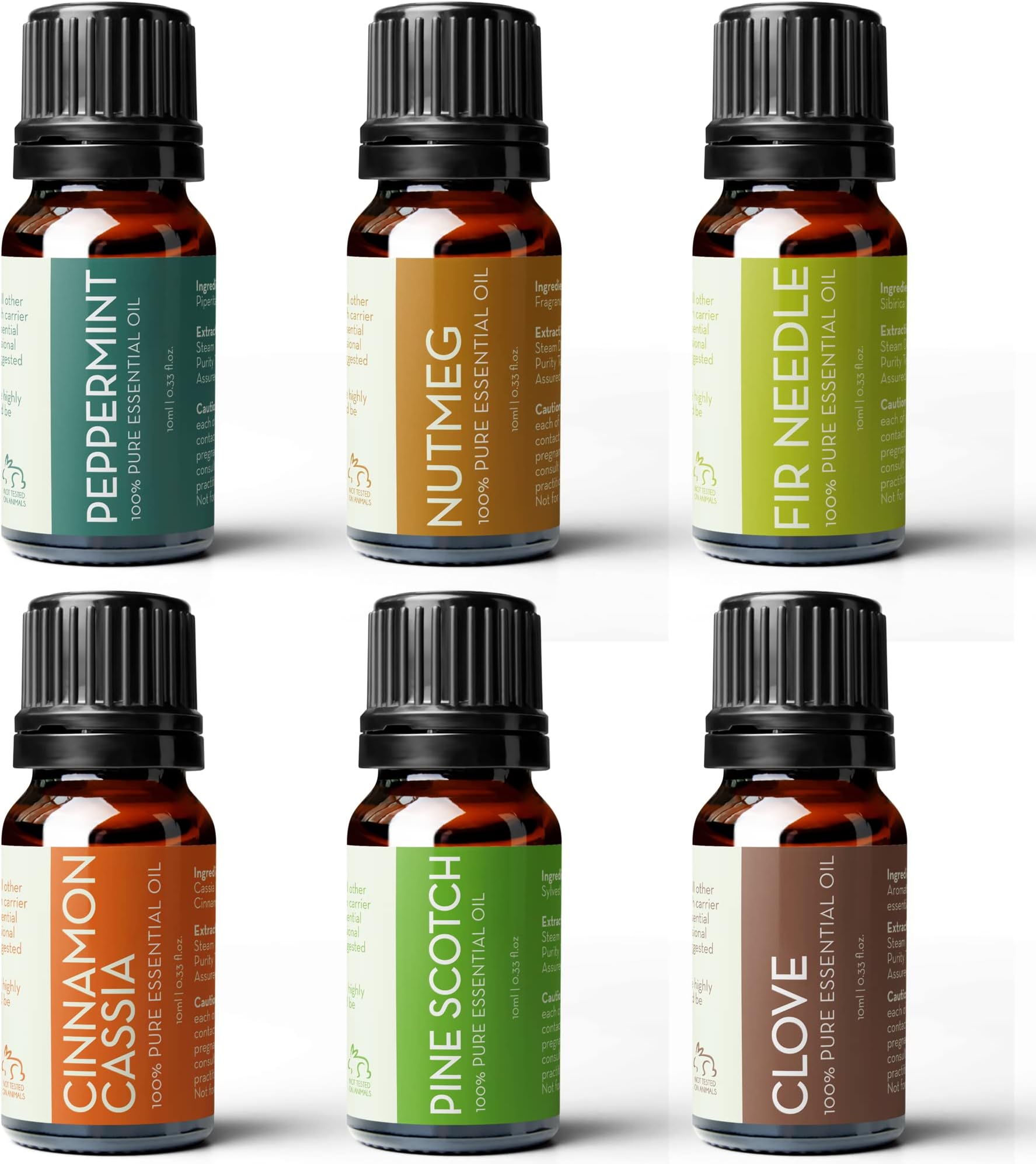 Pure Body Naturals6 Count x 10 ml Undiluted Essential Oils Set - Cinnamon, Fir, Clove, Pine, Nutmeg, Peppermint - Perfect for Diffusing, Scented Recipes, Gifts